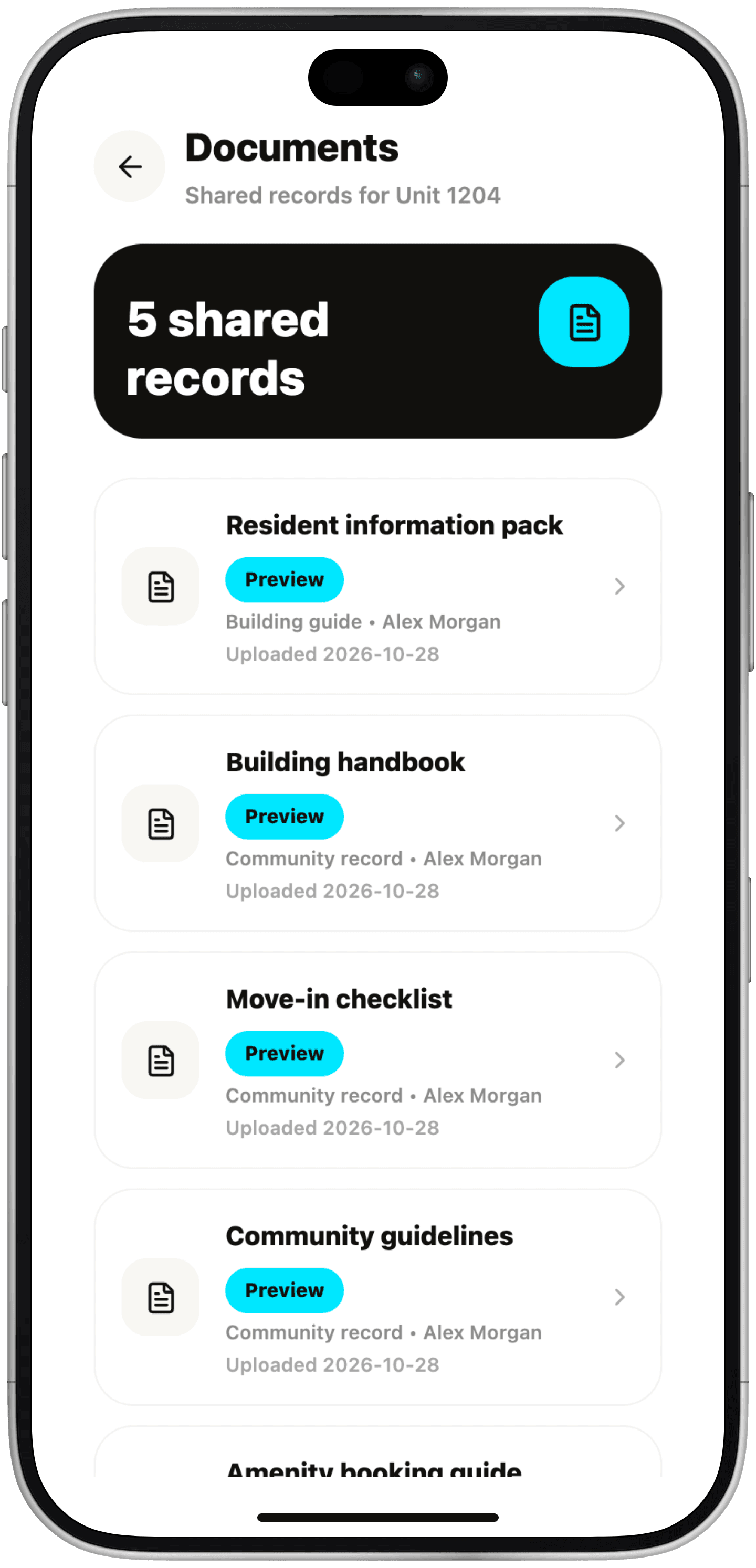 Documents for Unit 1204: five shared records, including the resident information pack, building handbook, move-in checklist and community guidelines.