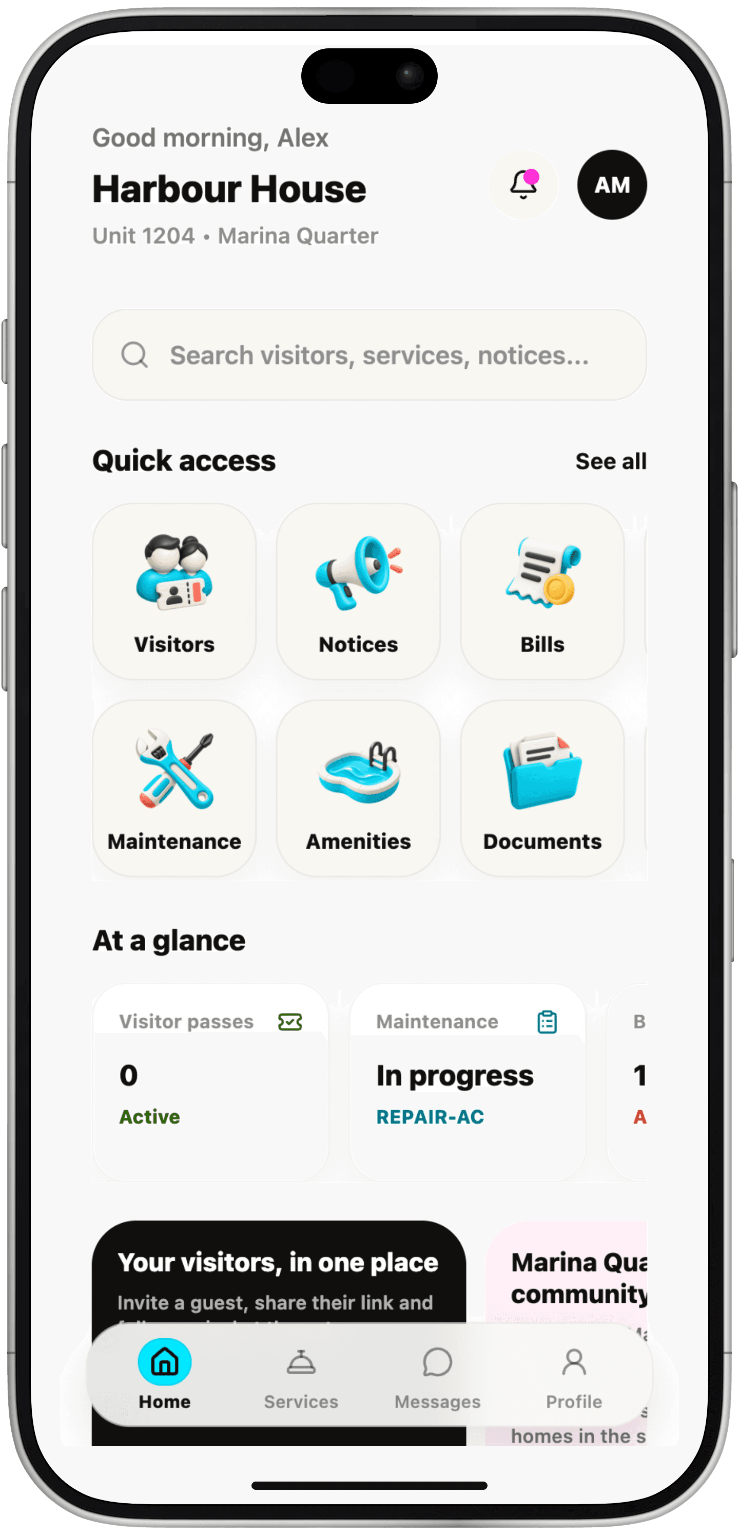 Kommunity resident home for Harbour House, Unit 1204: search, quick access to visitors, notices, bills, maintenance, amenities and documents, and an at-a-glance view of visitor passes and a maintenance request in progress.