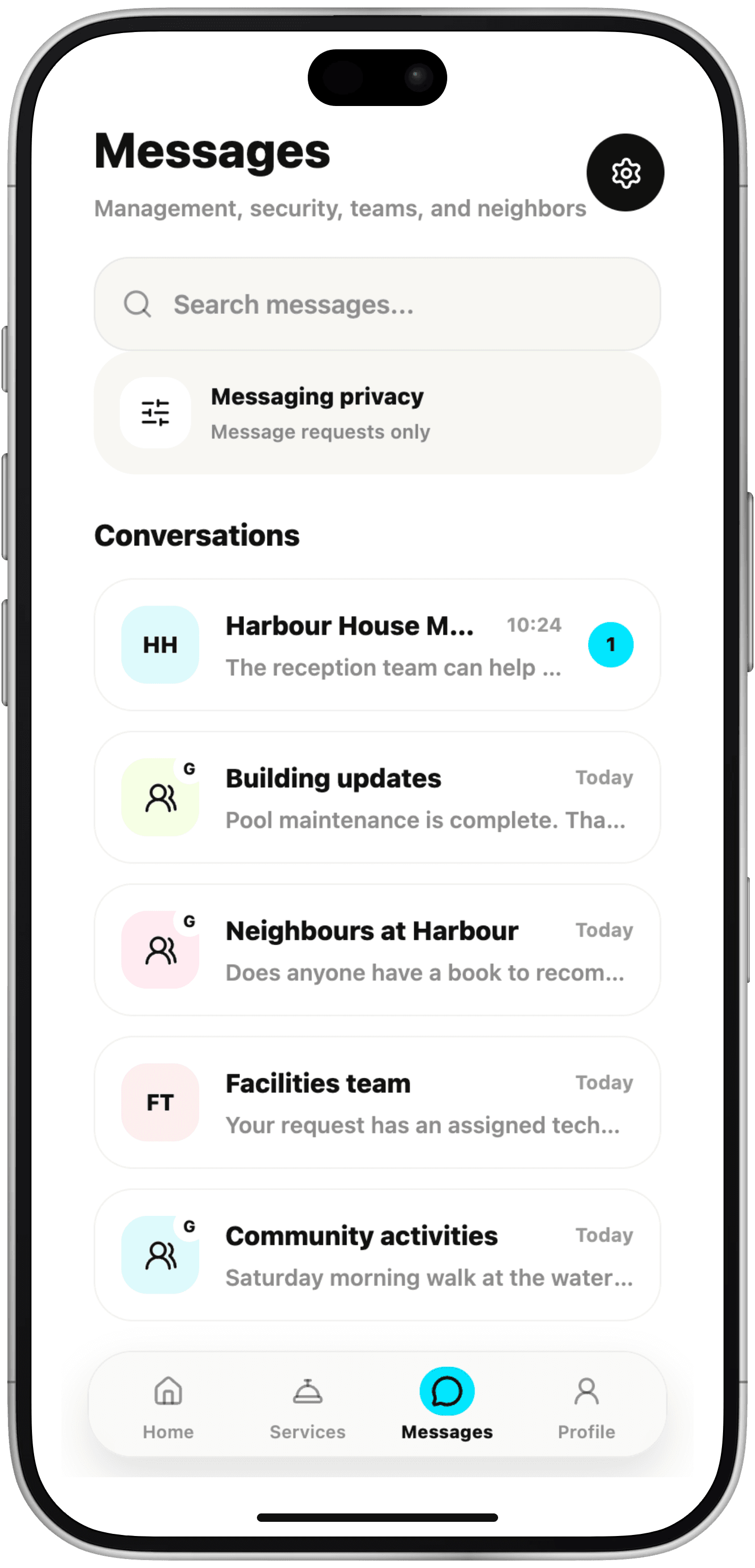 Messages: conversations with the Harbour House management team, building updates, neighbours, the facilities team and community activities.